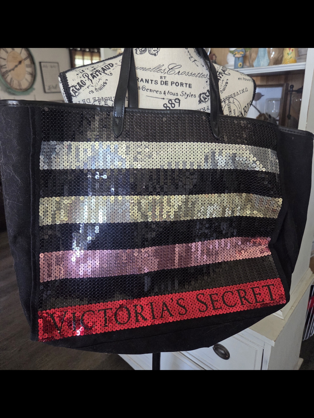Victoria's Secret Black Tote with Multicolor Sequin Stripes